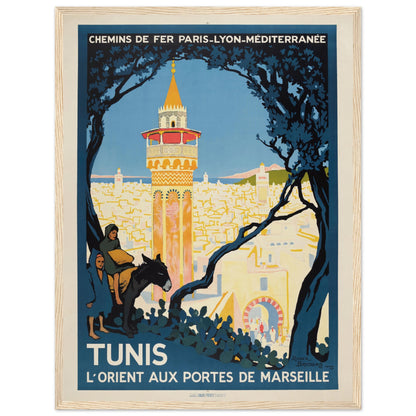 Tunis Mediterranean vintage print — classic French travel poster with city view framed by trees and warm desert tones.