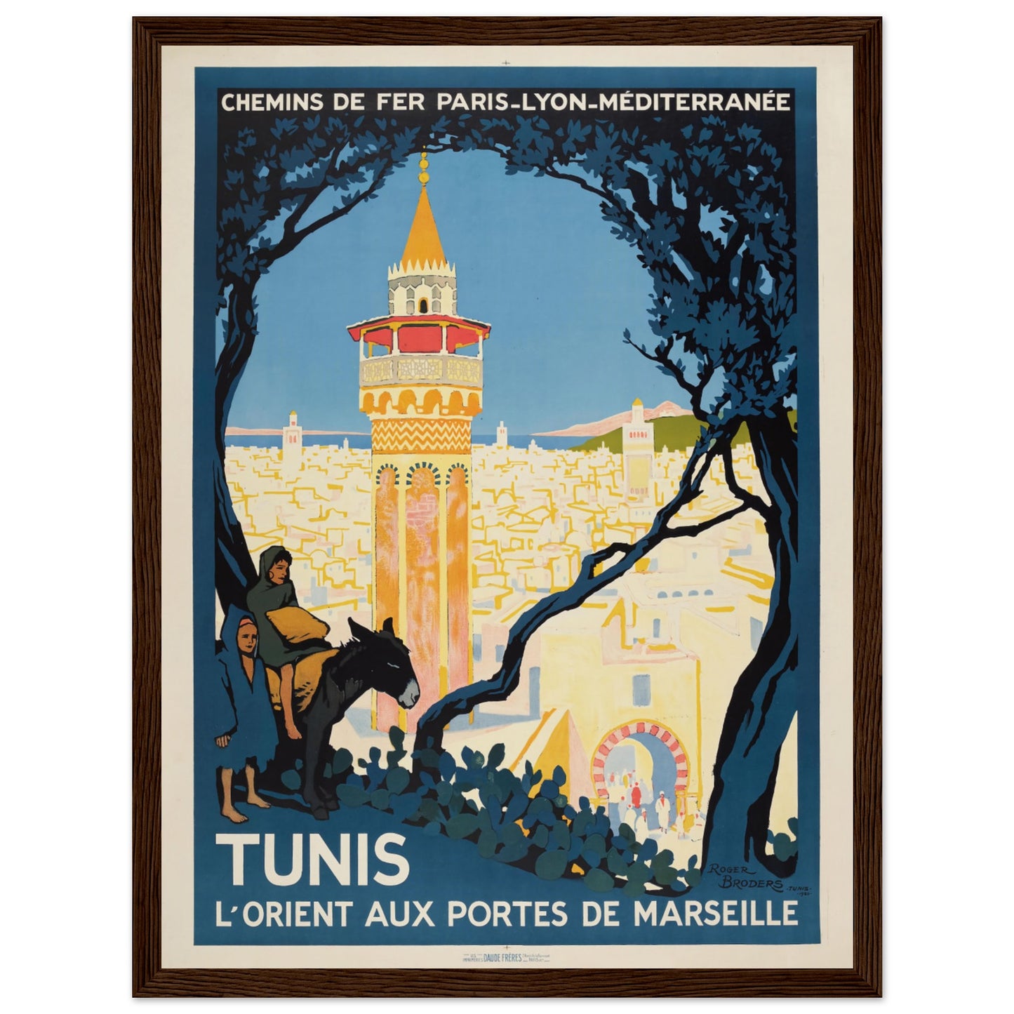 Tunis North Africa travel art print with traditional architecture, donkey riders, and vintage 1930s tourism style.