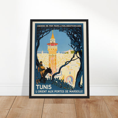 Vintage Tunis travel poster by Roger Broders featuring North African cityscape and Art Deco design for Paris–Lyon–Méditerranée railway.