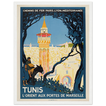 Art Deco Tunisia poster showing Tunis minaret, Mediterranean colors, and French railway tourism artwork from the 1930s.