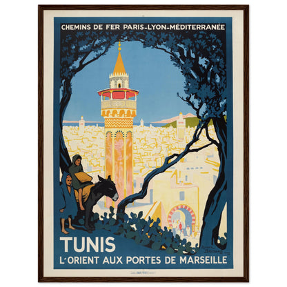 Tunisia vintage tourism poster — Art Deco illustration of Tunis skyline and railway promotion connecting Marseille to North Africa.