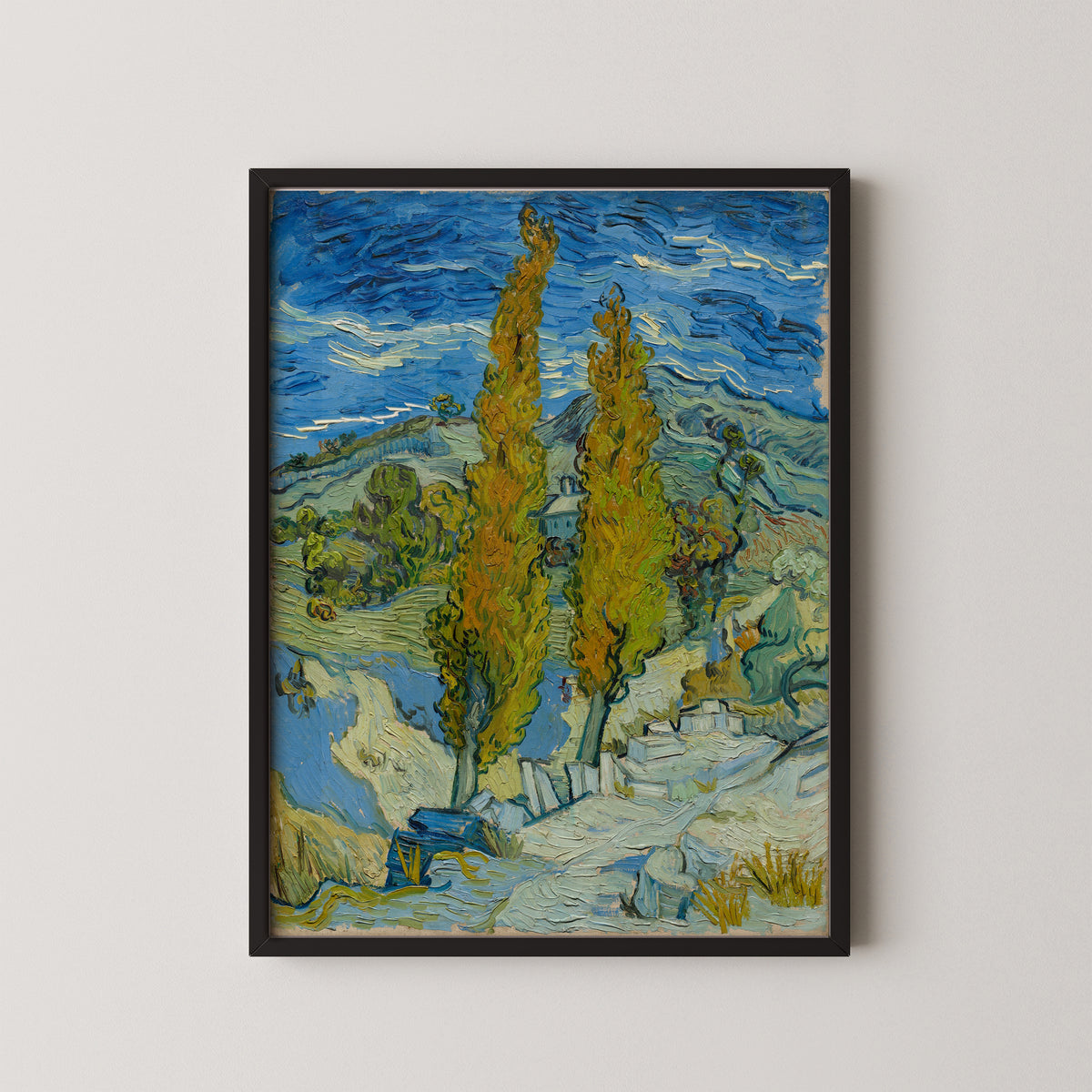 Two Poplars in the Alpilles near Saint-Rémy by Vincent van Gogh, art print in a black frame