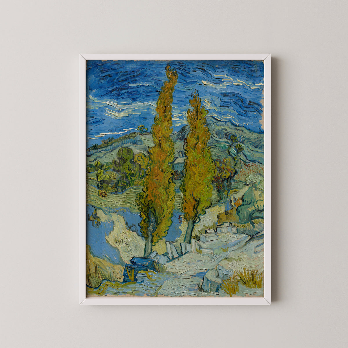 Two Poplars in the Alpilles near Saint-Rémy by Vincent van Gogh, art print in a white frame