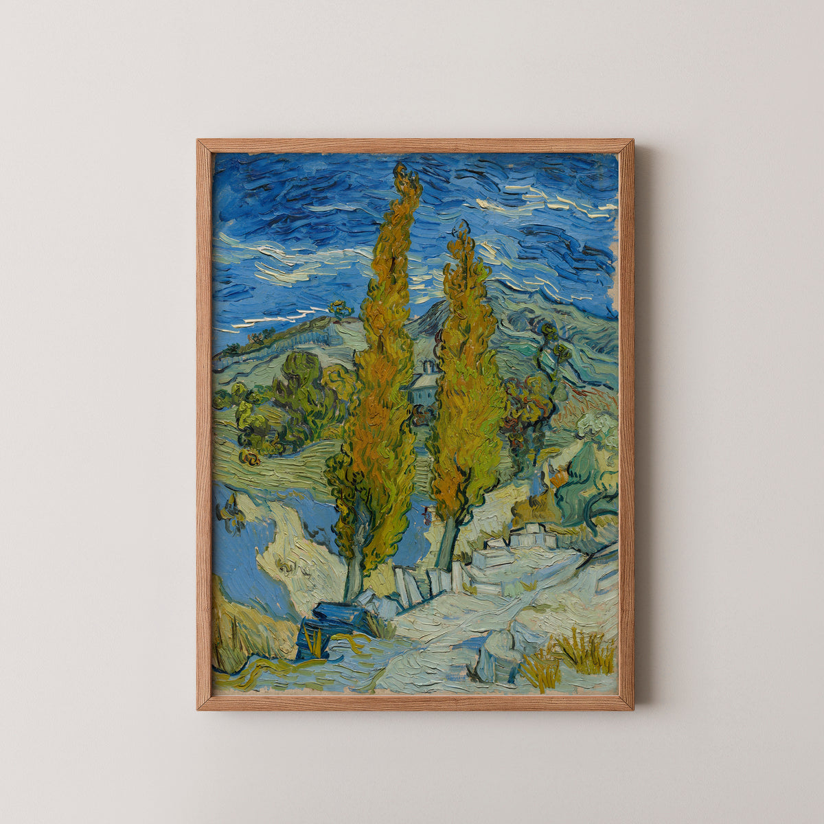Two Poplars in the Alpilles near Saint-Rémy by Vincent van Gogh, art print in a natural wood frame