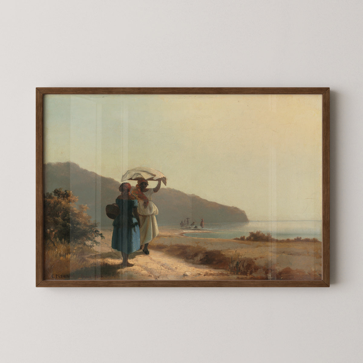 Pissarro's St. Thomas scene in a dark wood frame, with a blue dress, basket and sunlit shoreline