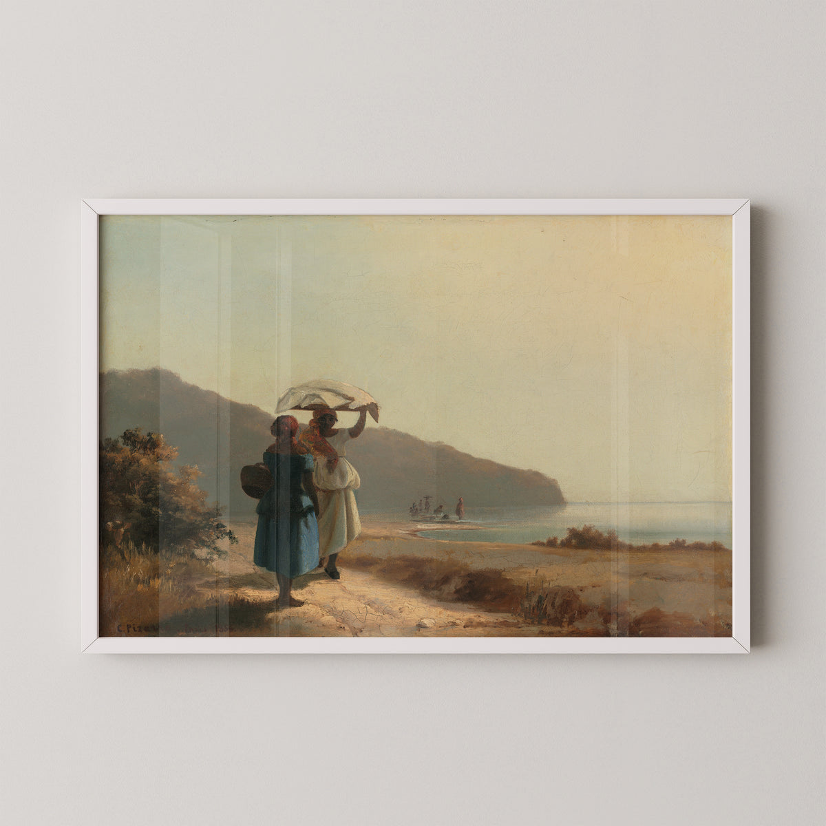 White-framed Two Women Chatting by the Sea print, with warm earth and a broad pale Caribbean sky