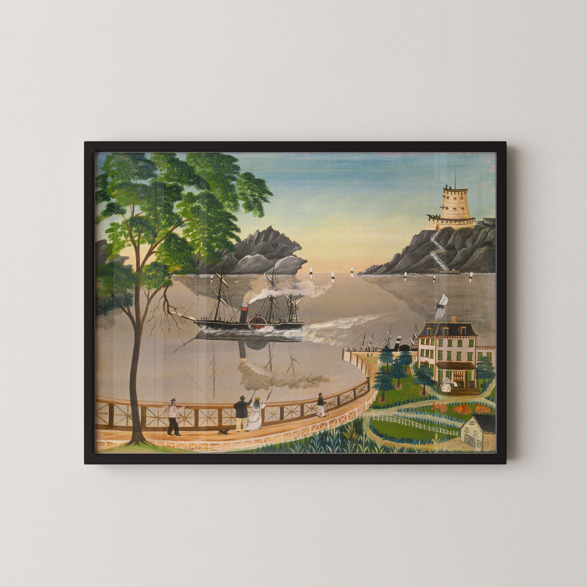 U.S. Mail Boat by Leila T. Bauman, historical paddle steamer art print in a black frame