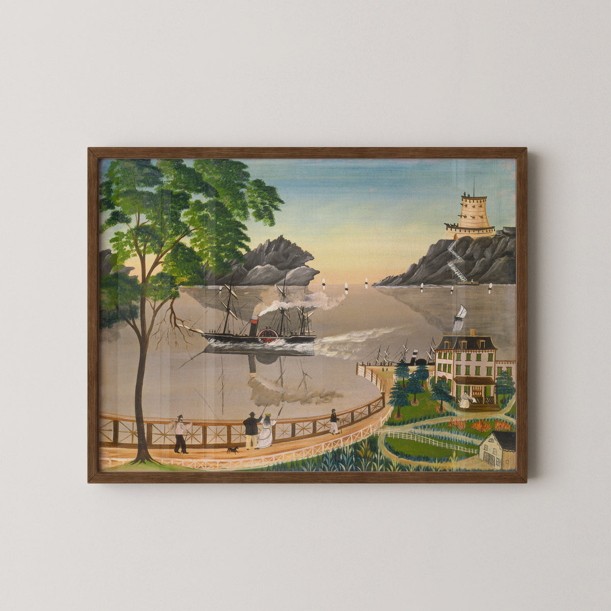 Dark wood-framed U.S. Mail Boat art print with waterfront trees, rocky ground and distant vessels