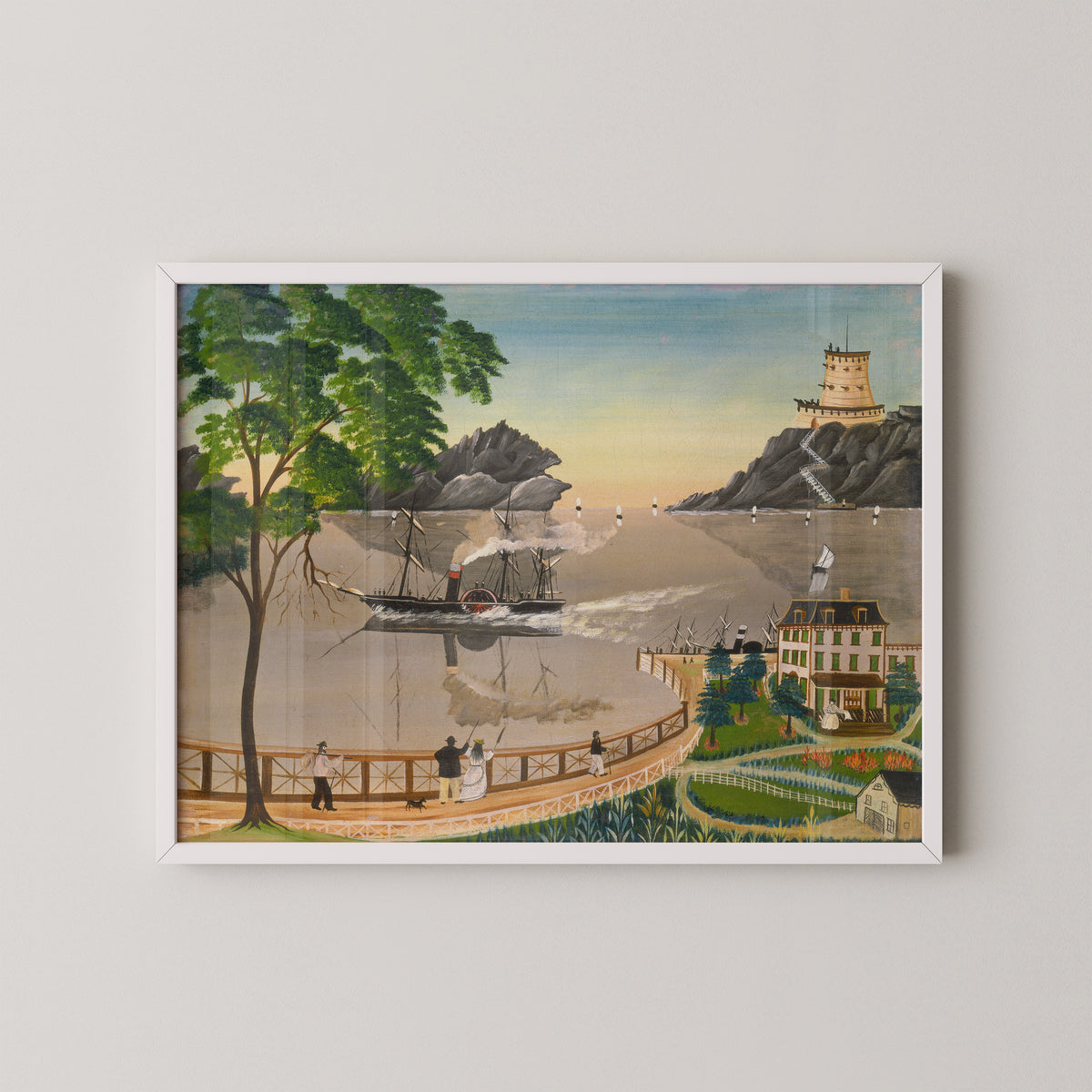 White-framed Leila T. Bauman maritime print, showing a steamship beneath a softly colored sky