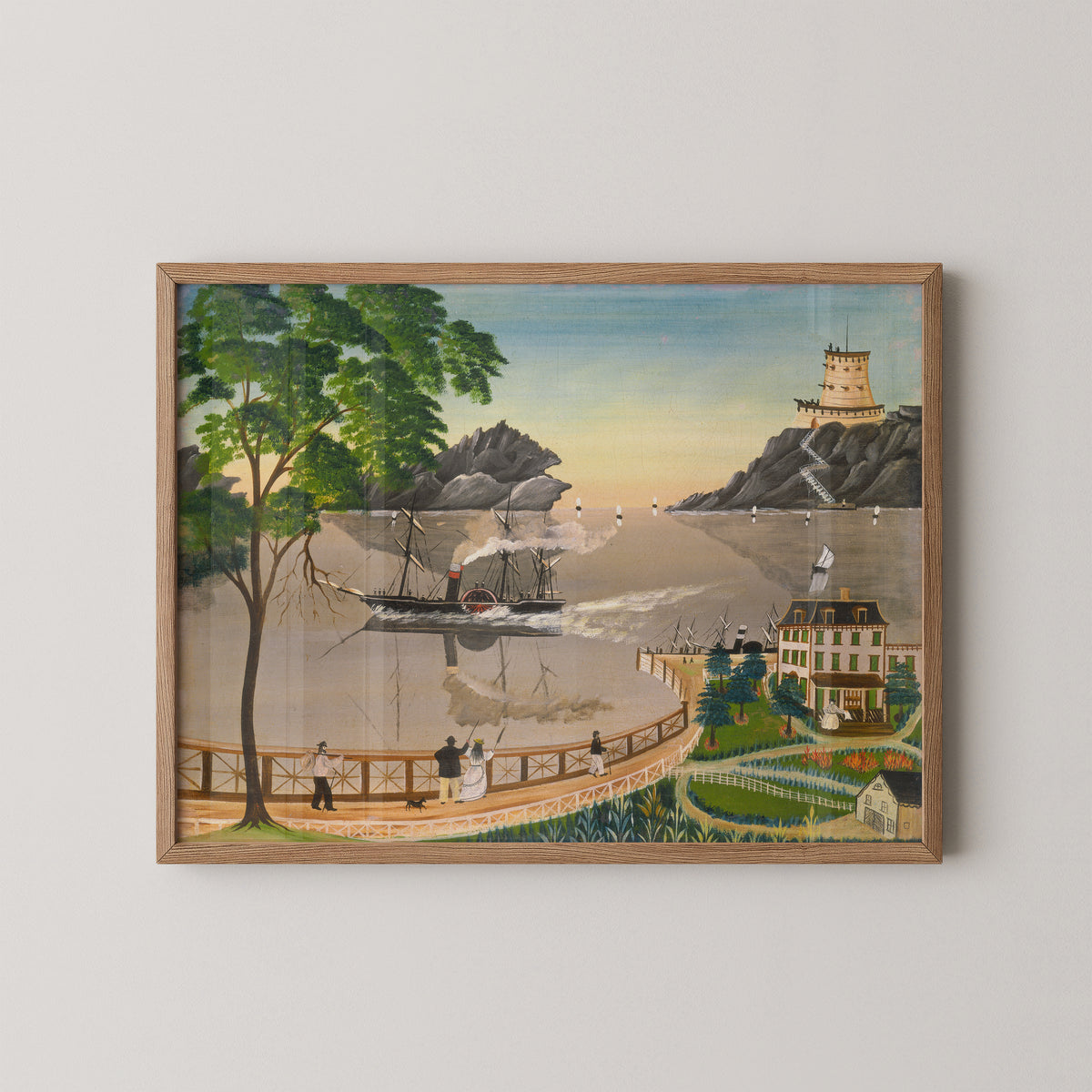 Natural wood-framed Bauman print with a paddle steamer crossing water beside a leafy shoreline