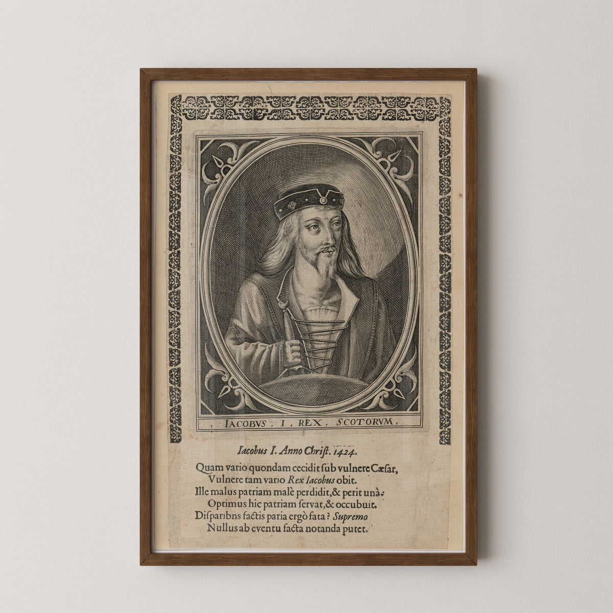 James I, King of Scotland engraved portrait with decorated cap and sword, dark wood frame