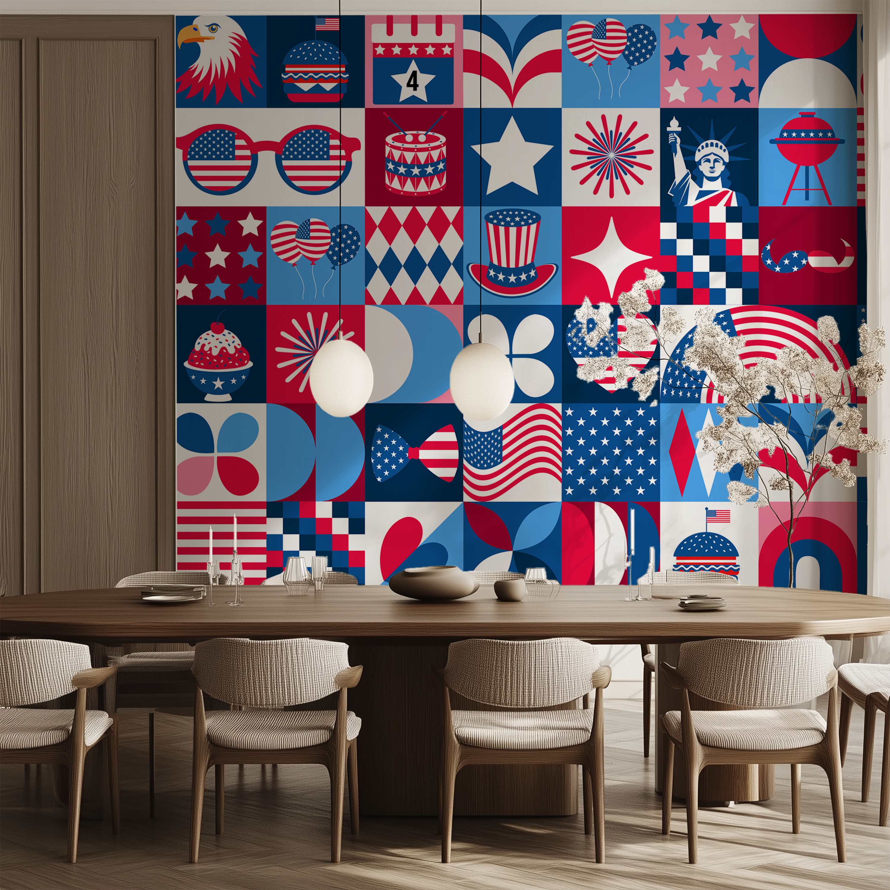 USA icons wallpaper, American graphic wallpaper, patriotic wall mural, vintage American wallpaper, novelty wallpaper, premium wallpaper