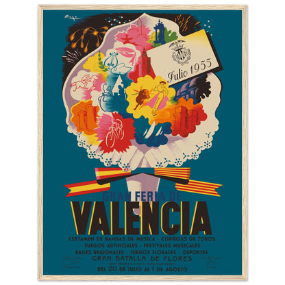 Vintage-style travel poster of Valencia, Spain, showcasing Fallas festival scenes and Mediterranean charm.