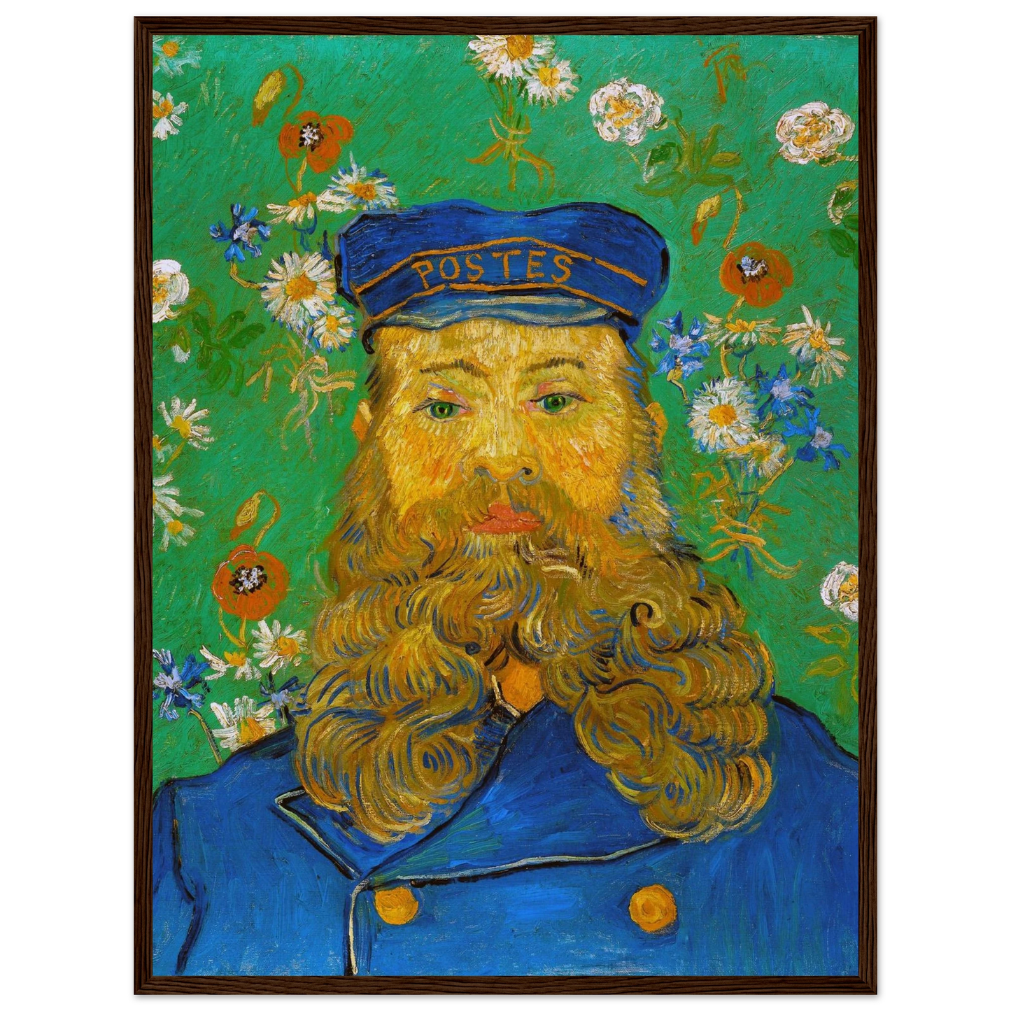 Classic portrait print of Joseph Roulin (1889) by Van Gogh, honoring working-class warmth and the artist’s expressive brushwork.