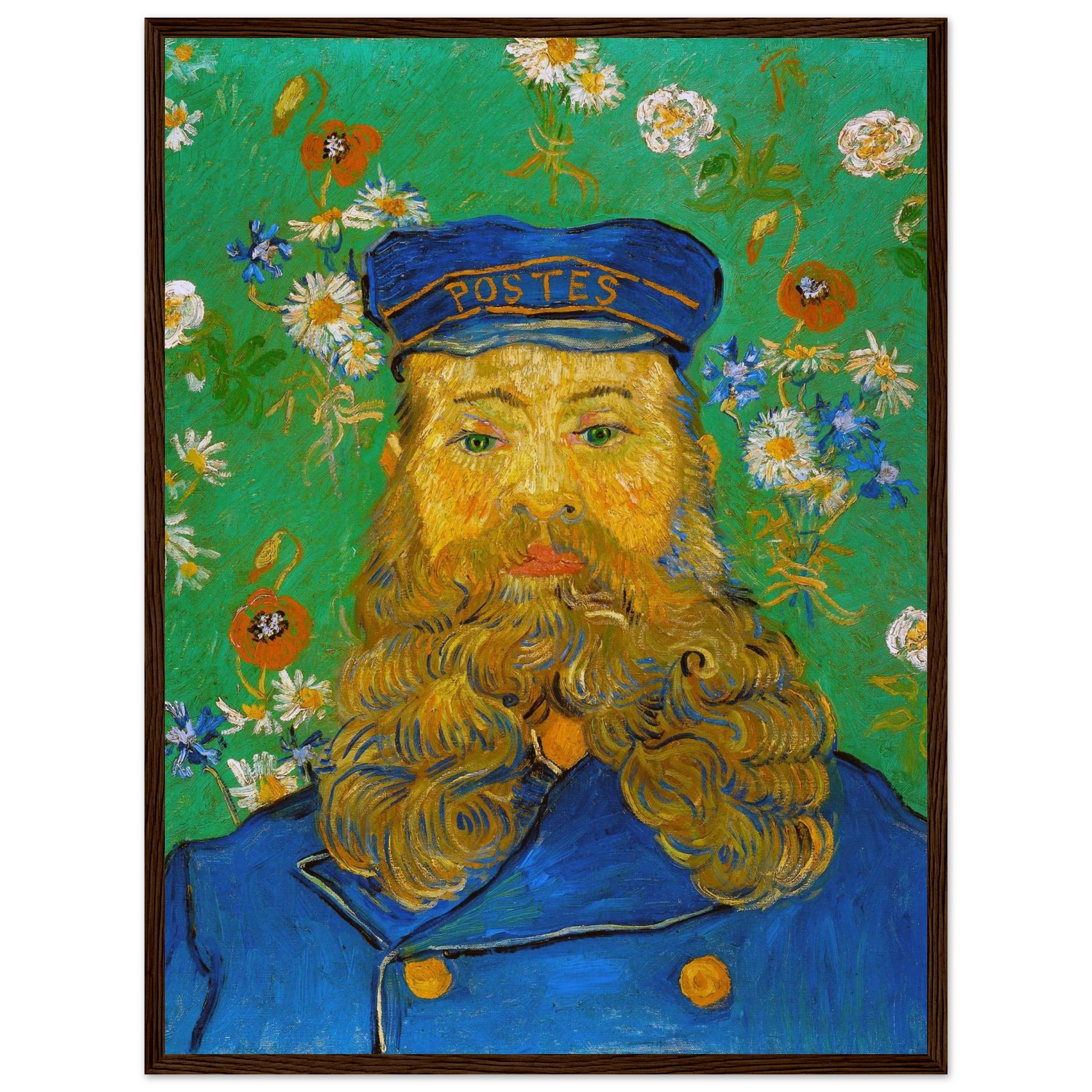 Classic portrait print of Joseph Roulin (1889) by Van Gogh, honoring working-class warmth and the artist’s expressive brushwork.