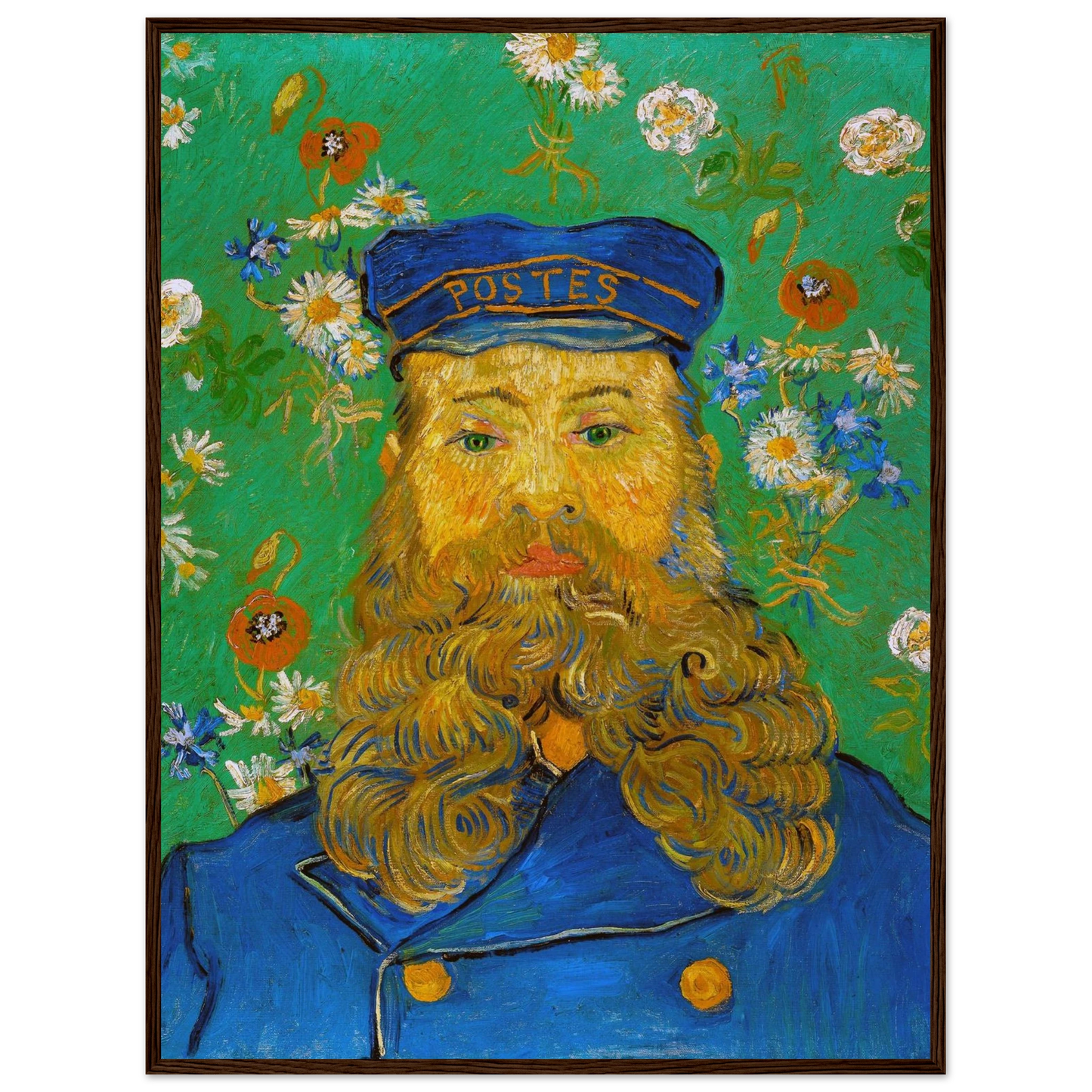 Fine-art reproduction of Joseph Roulin by Van Gogh, capturing the rich blues, golds, and swirling patterns of the artist’s Arles period.