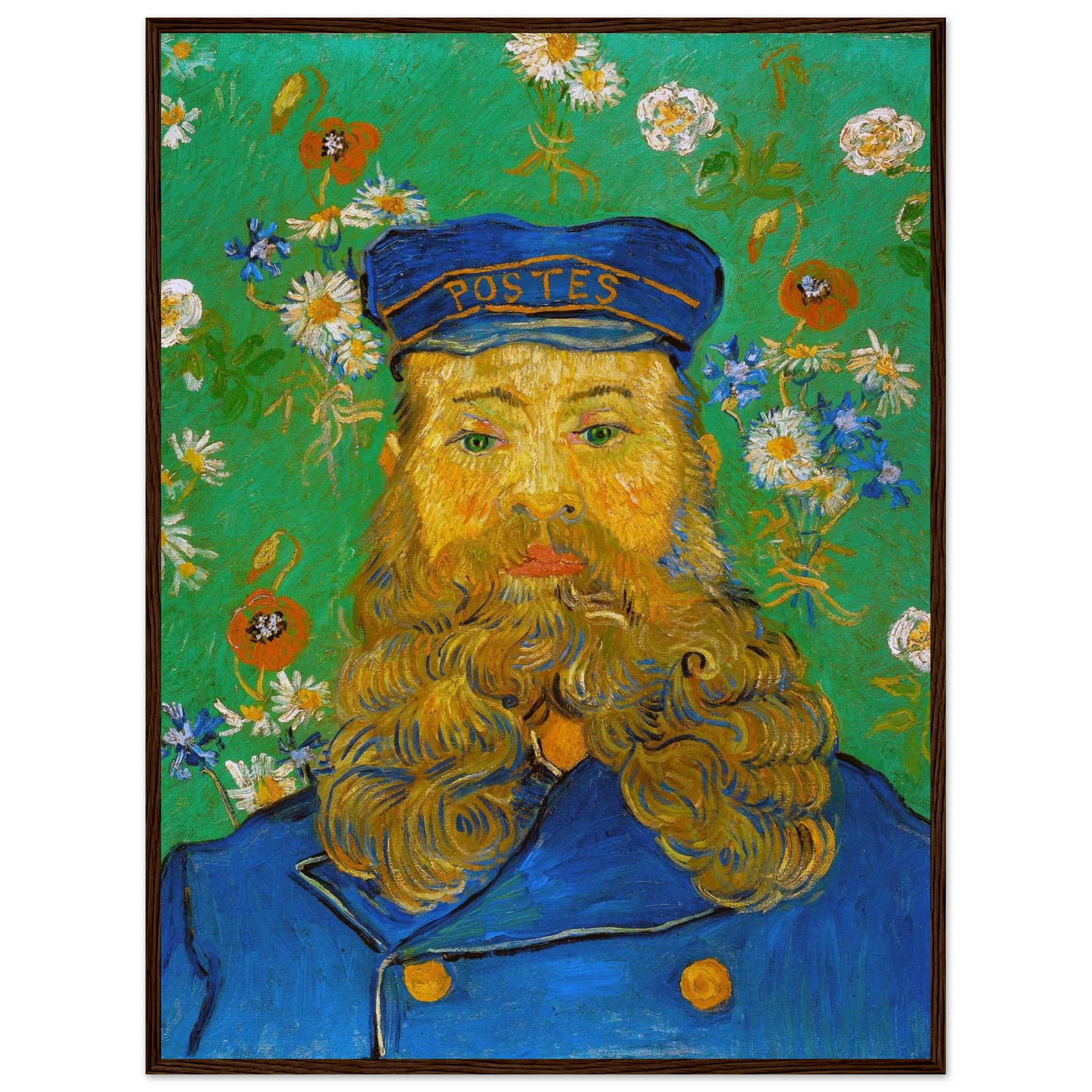 Fine-art reproduction of Joseph Roulin by Van Gogh, capturing the rich blues, golds, and swirling patterns of the artist’s Arles period.
