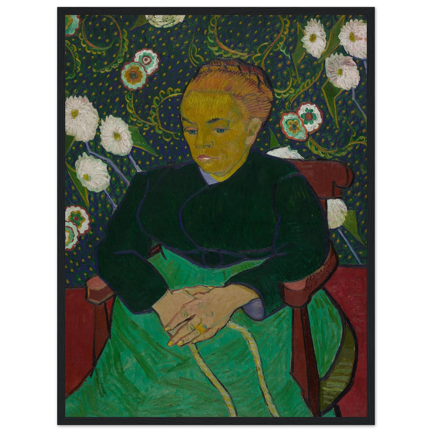 Fine-art reproduction of La Berceuse (1889) by Van Gogh, highlighting expressive brushwork and vibrant hues inspired by themes of care and serenity