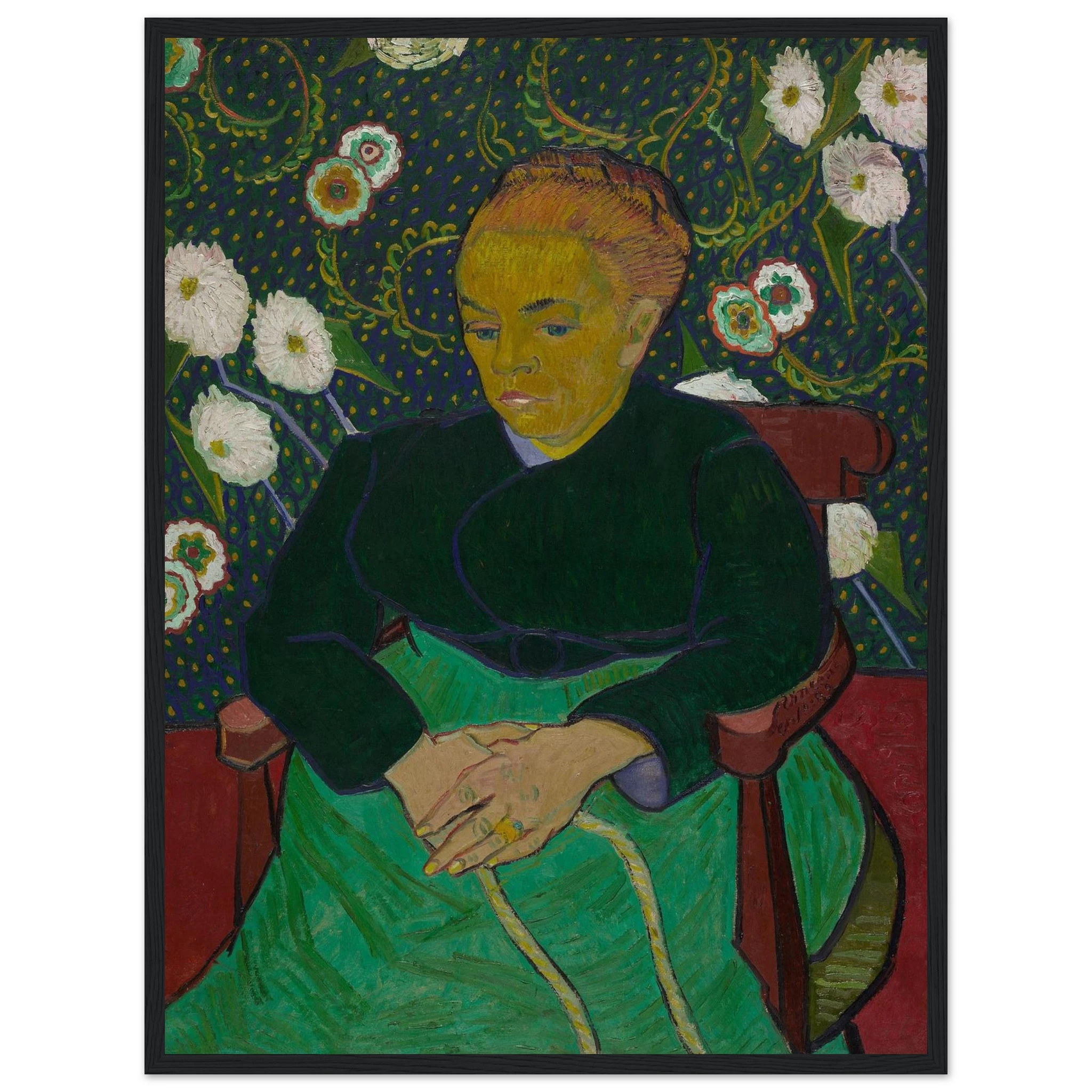 Fine-art reproduction of La Berceuse (1889) by Van Gogh, highlighting expressive brushwork and vibrant hues inspired by themes of care and serenity