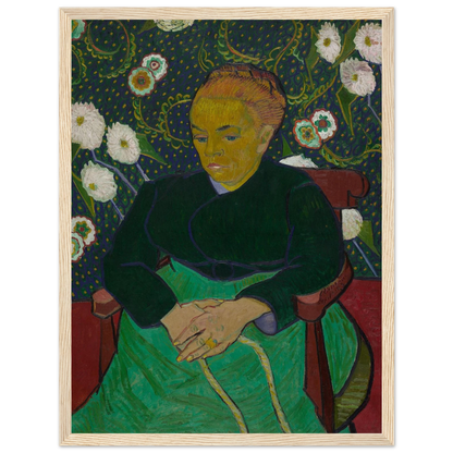 Wall art print of Van Gogh’s La Berceuse, depicting Madame Roulin surrounded by rhythmic patterns and radiant color in a soothing lullaby-like composition.