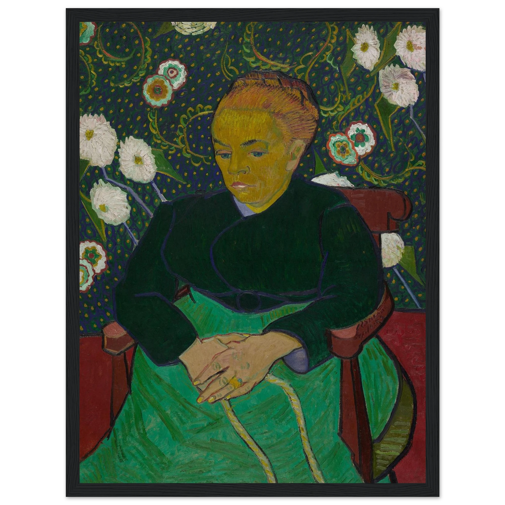 This high-quality reproduction of Madame Roulin Rocking the Cradle (La Berceuse) by Vincent van Gogh offers a powerful blend of color, emotion, and symbolism. Painted in 1889 as a tribute to motherhood, the portrait features Madame Augustine Roulin, a close family friend, rendered with vibrant tones and rhythmic background patterns. Van Gogh intended the piece to be a visual lullaby—comforting, steady, and full of life. This poster print is produced on archival-grade paper, making it a stunning piece of wal