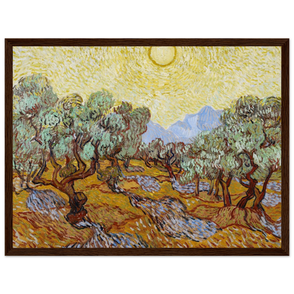 Landscape artwork Olive Trees by Van Gogh, highlighting swirling skies, golden sunlight, and vibrant nature forms.