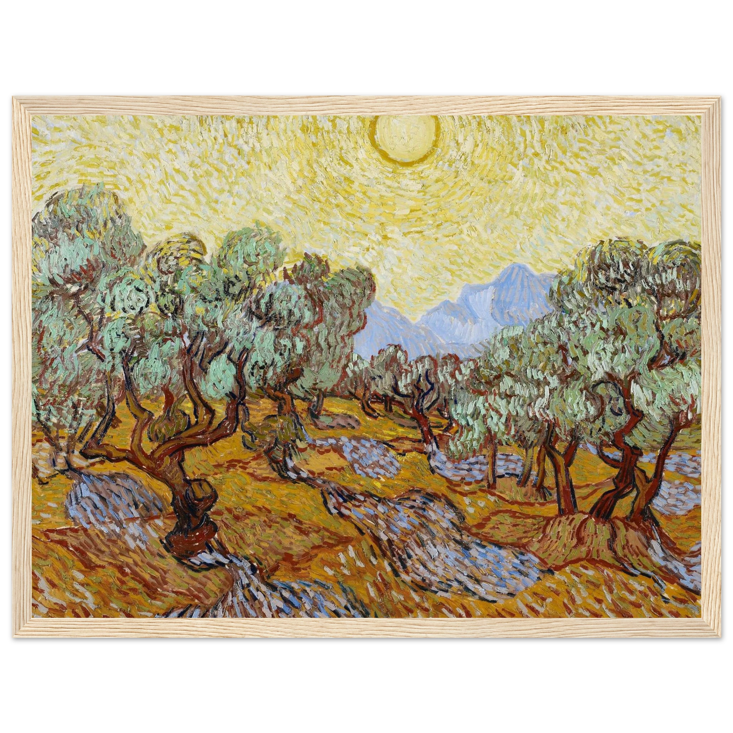 Post-Impressionist masterpiece Olive Trees by Van Gogh, an expressive study of color, light, and movement in the French countryside.