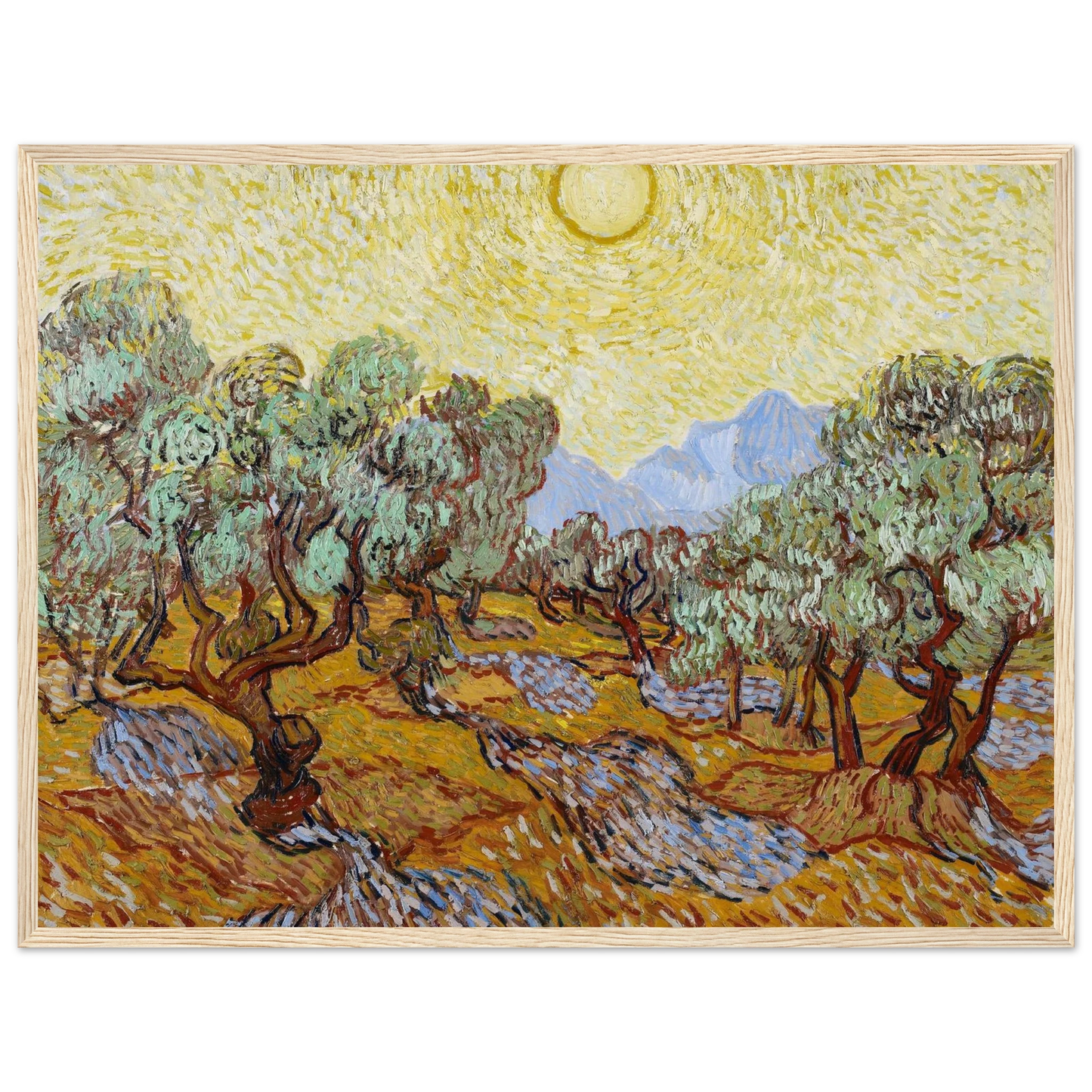 High-quality reproduction of Olive Trees (1889) by Vincent van Gogh, capturing the sunlight, motion, and color of the Provençal landscape.