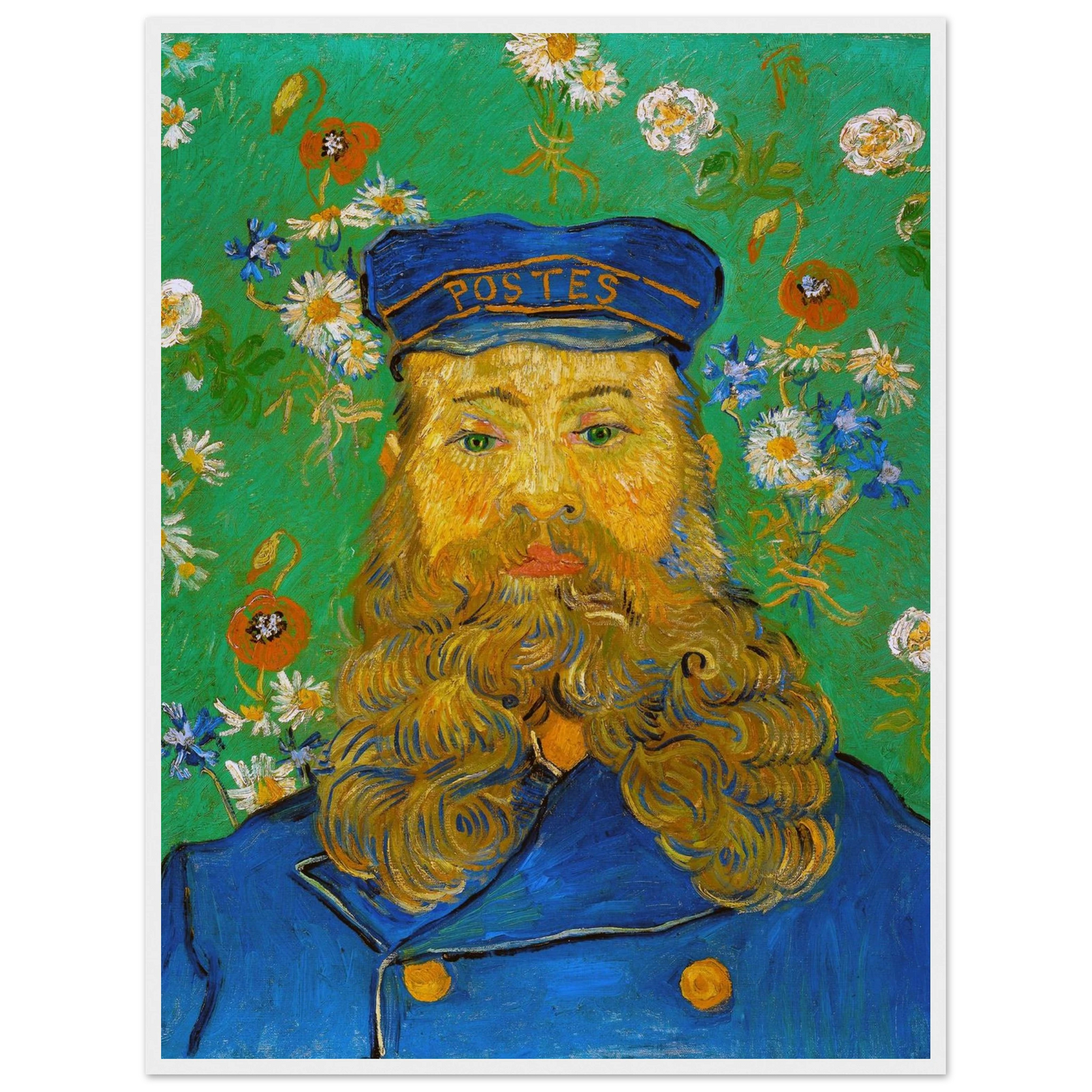 High-quality reproduction of Portrait of Joseph Roulin (1889) by Vincent van Gogh, a vibrant Post-Impressionist tribute to friendship and dignity.