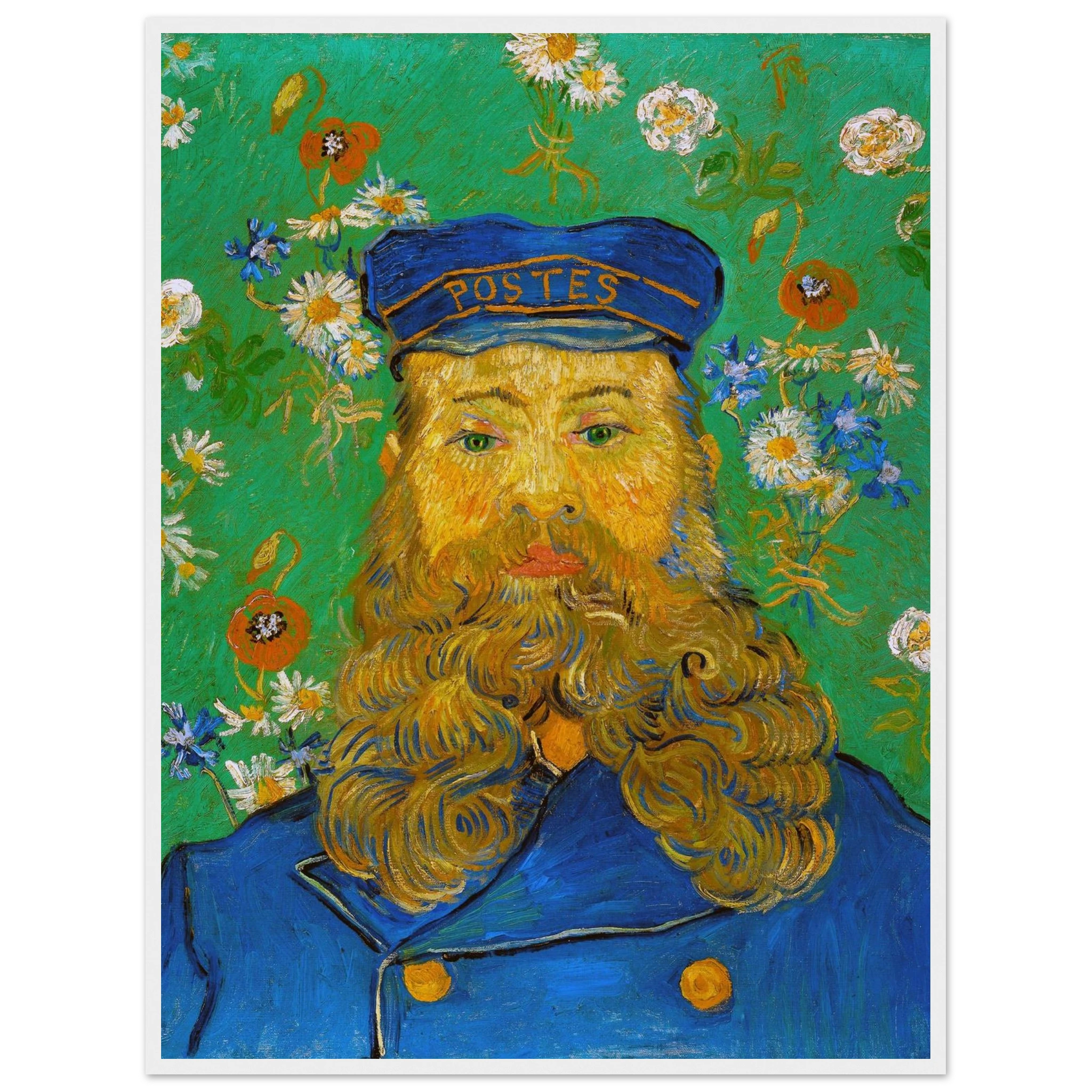High-quality reproduction of Portrait of Joseph Roulin (1889) by Vincent van Gogh, a vibrant Post-Impressionist tribute to friendship and dignity.