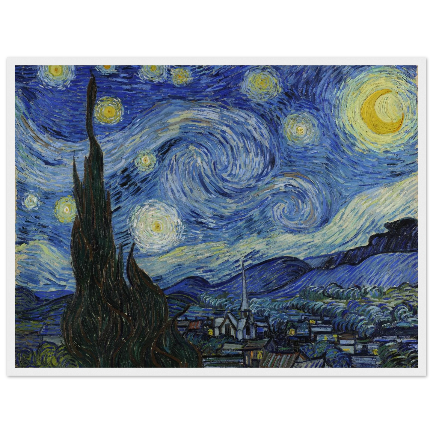 Modern home art print of The Starry Night (1889), bringing Van Gogh’s iconic sky and vibrant brushwork into contemporary spaces.