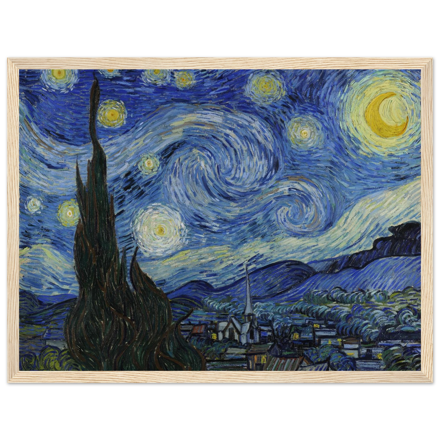 Museum-quality reproduction of The Starry Night by Vincent van Gogh, ideal wall art for art lovers, collectors, and creative environments.