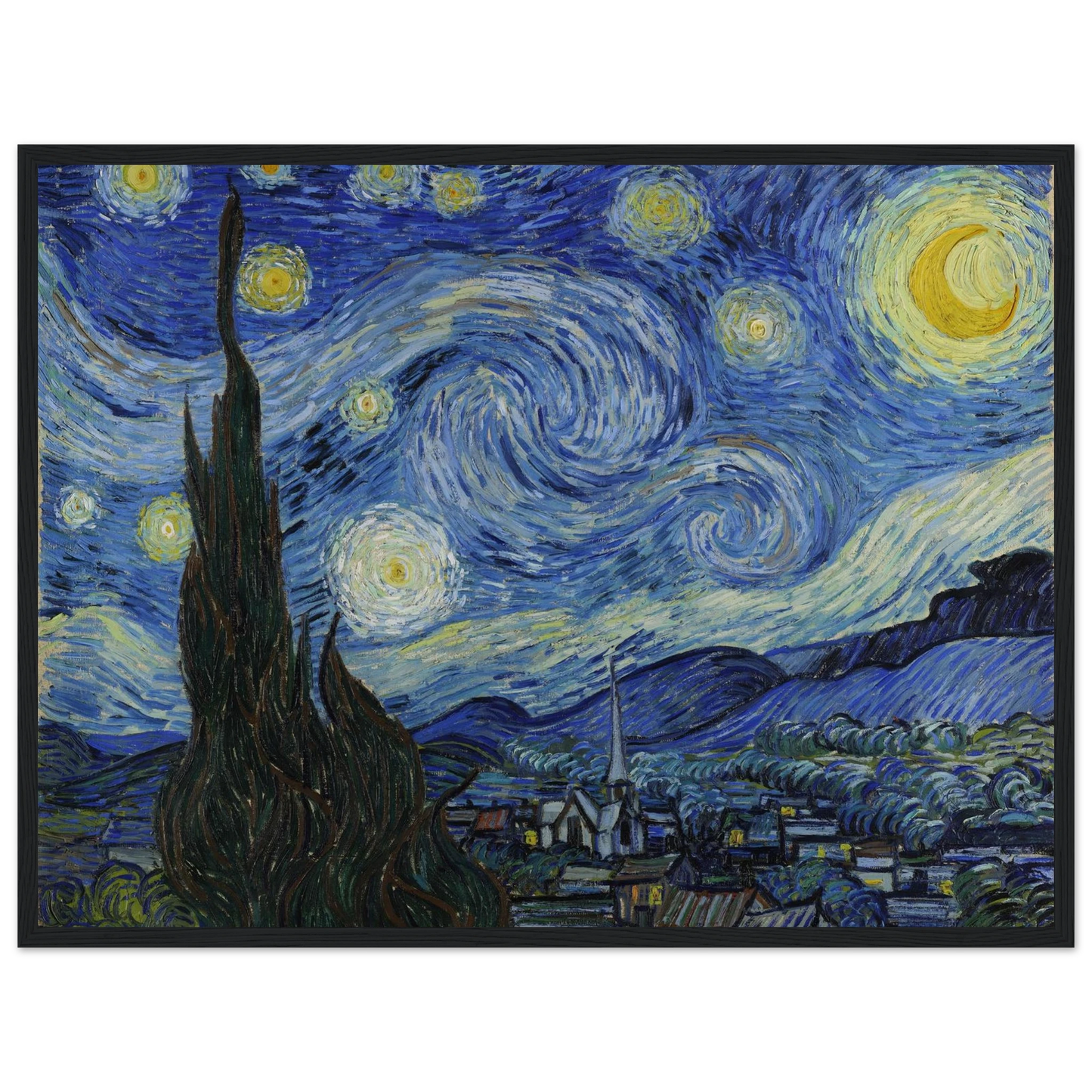 Wall art print of Van Gogh’s Starry Night, showcasing vivid color, emotional movement, and the brilliance of Post-Impressionist painting.