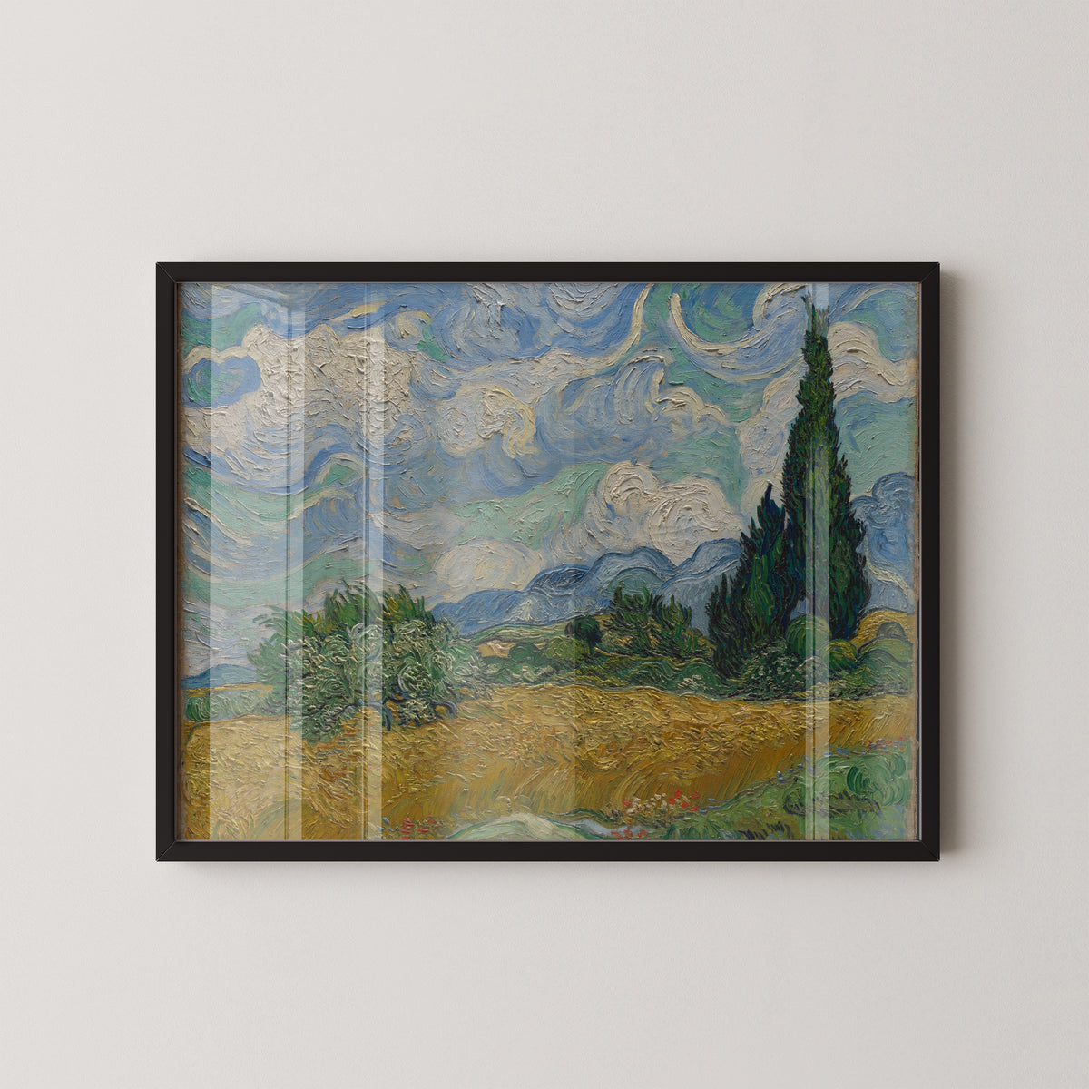 Wheat Field with Cypresses by Vincent van Gogh, 12 × 16 in poster shown in a black frame mockup