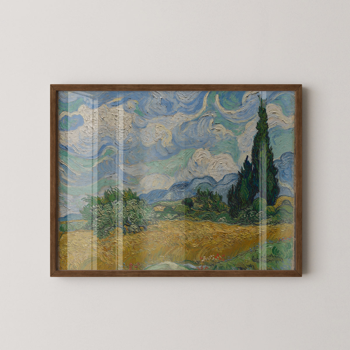 Wheat Field with Cypresses by Vincent van Gogh, 12 × 16 in poster shown in a dark wood frame mockup