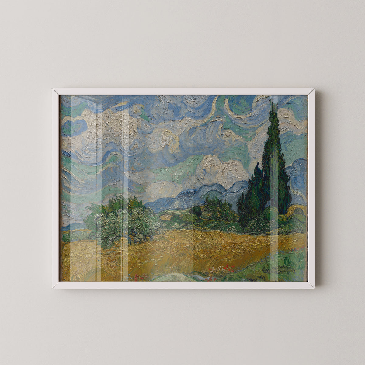 Wheat Field with Cypresses by Vincent van Gogh, 12 × 16 in poster shown in a white frame mockup