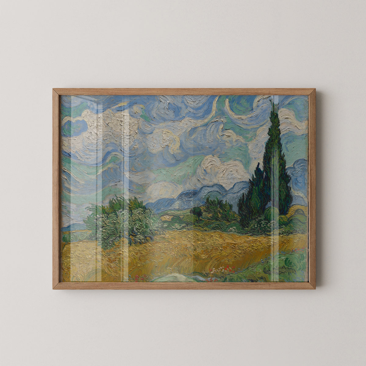 Wheat Field with Cypresses by Vincent van Gogh, 12 × 16 in poster shown in a wood frame mockup