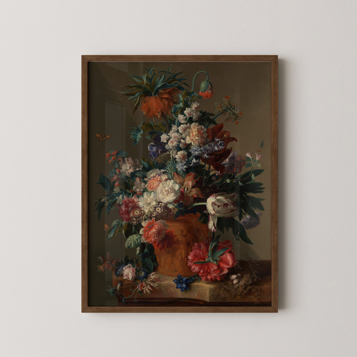Vase of Flowers by Jan van Huysum, art print in a dark wood frame
