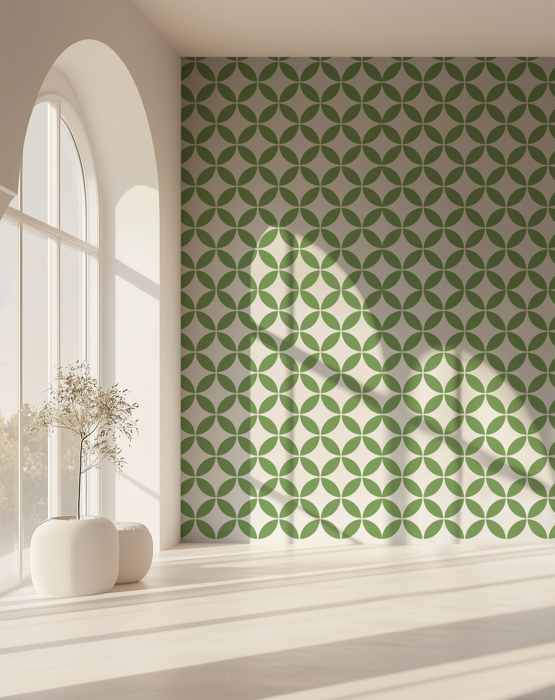 Green geometric wallpaper with a retro circle pattern in a bright architectural interior