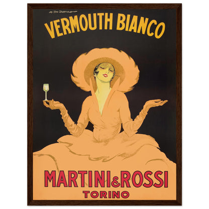 Vintage Italian Vermouth Bianco poster with stylish lady illustration promoting Martini & Rossi Torino aperitif.