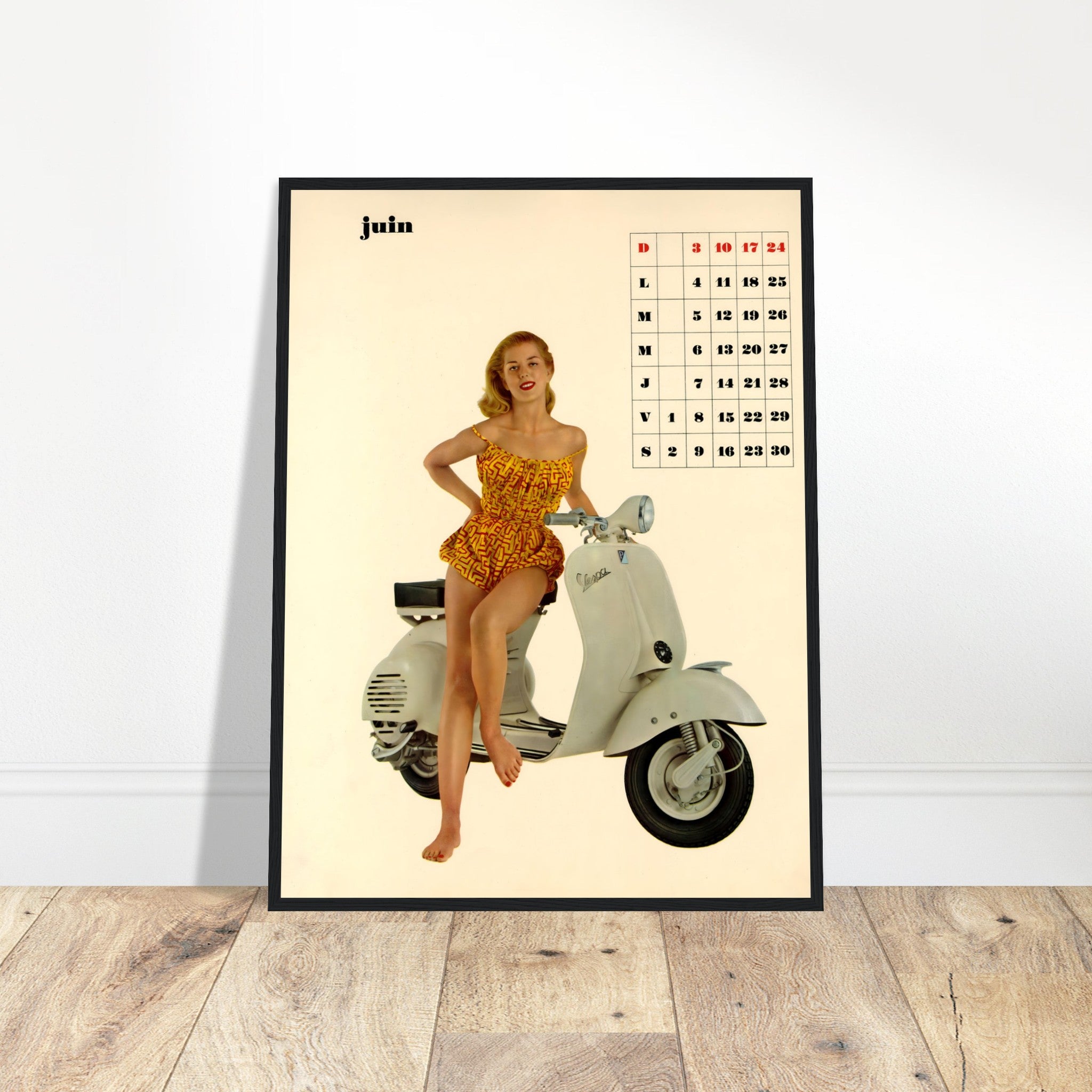 Celebrate summer with the Vespa June Calendar Poster! A stylish retro Italian scooter art piece perfect for any vintage décor. Shop now for a timeless collectible.