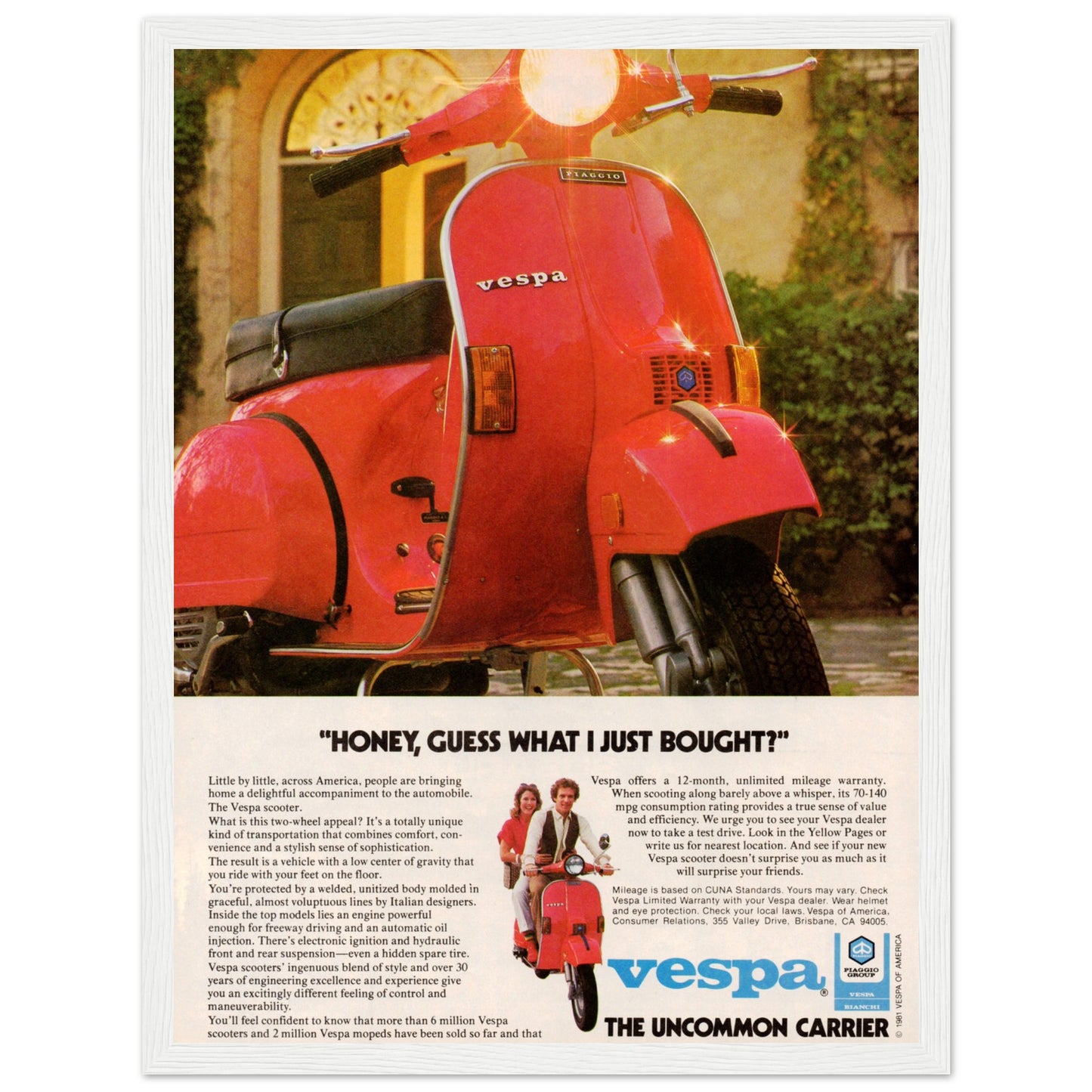 Vintage wall art poster of a bright red Vespa scooter representing classic Italian transportation culture