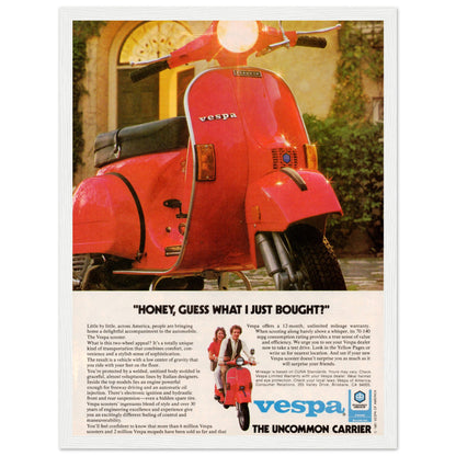 Vintage wall art poster of a bright red Vespa scooter representing classic Italian transportation culture