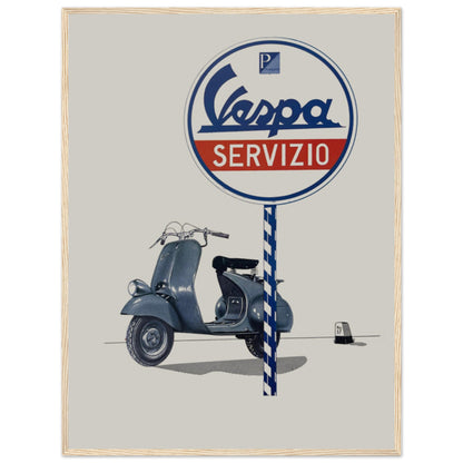 Retro Italian Vespa scooter poster print celebrating mid-century design and timeless automotive style.