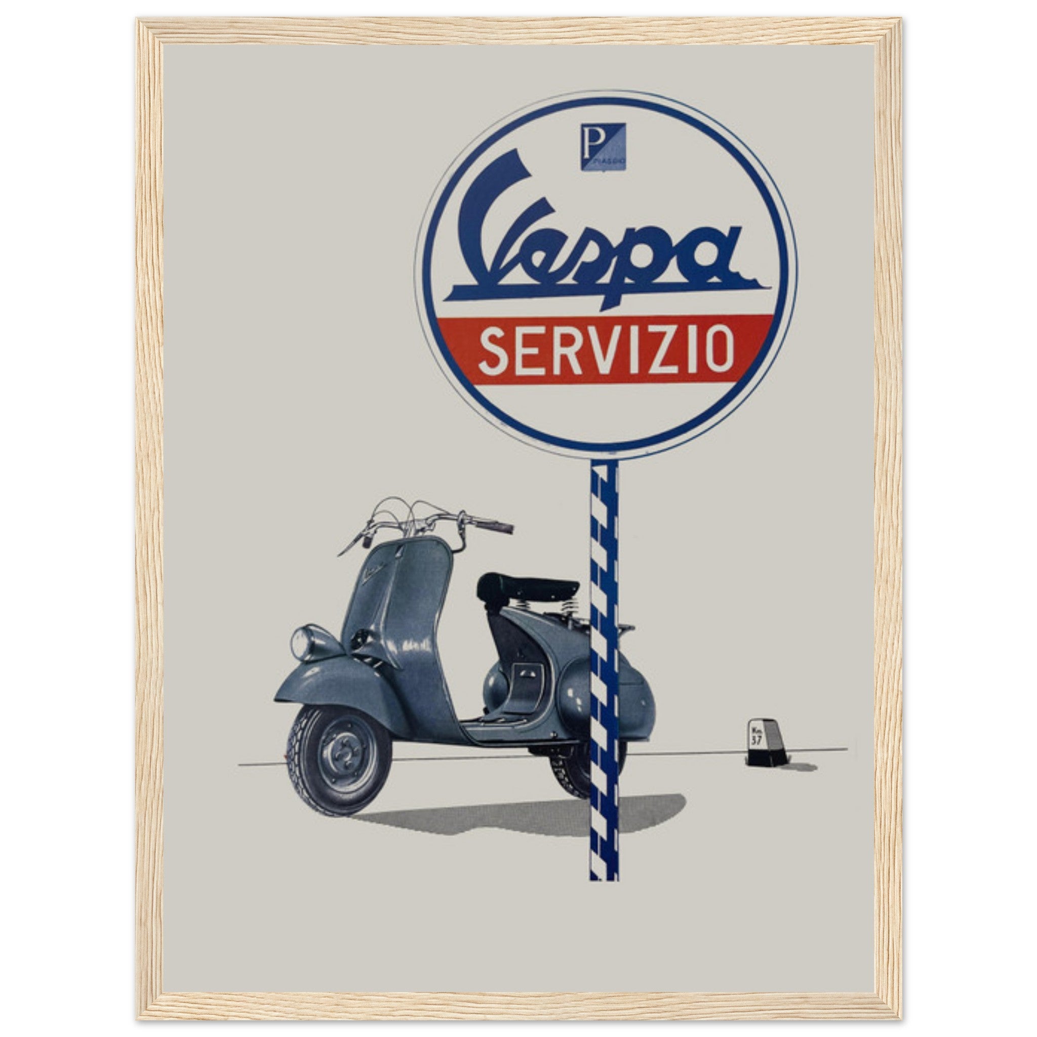 Retro advertising print of Vespa scooters showcasing Italian craftsmanship and classic mid-century poster art