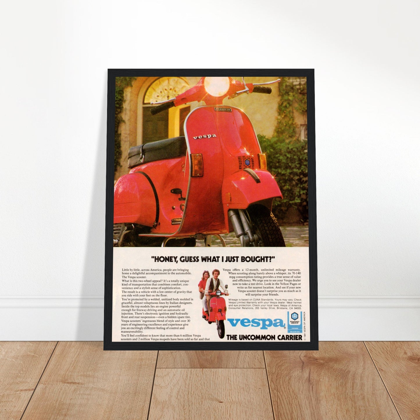 Vintage Vespa advertisement poster featuring a red Italian scooter with retro design and classic Piaggio branding