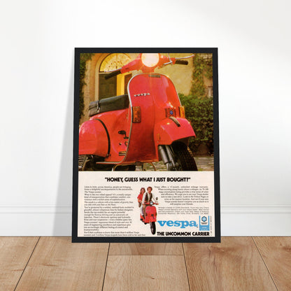 Vintage Vespa advertisement poster featuring a red Italian scooter with retro design and classic Piaggio branding
