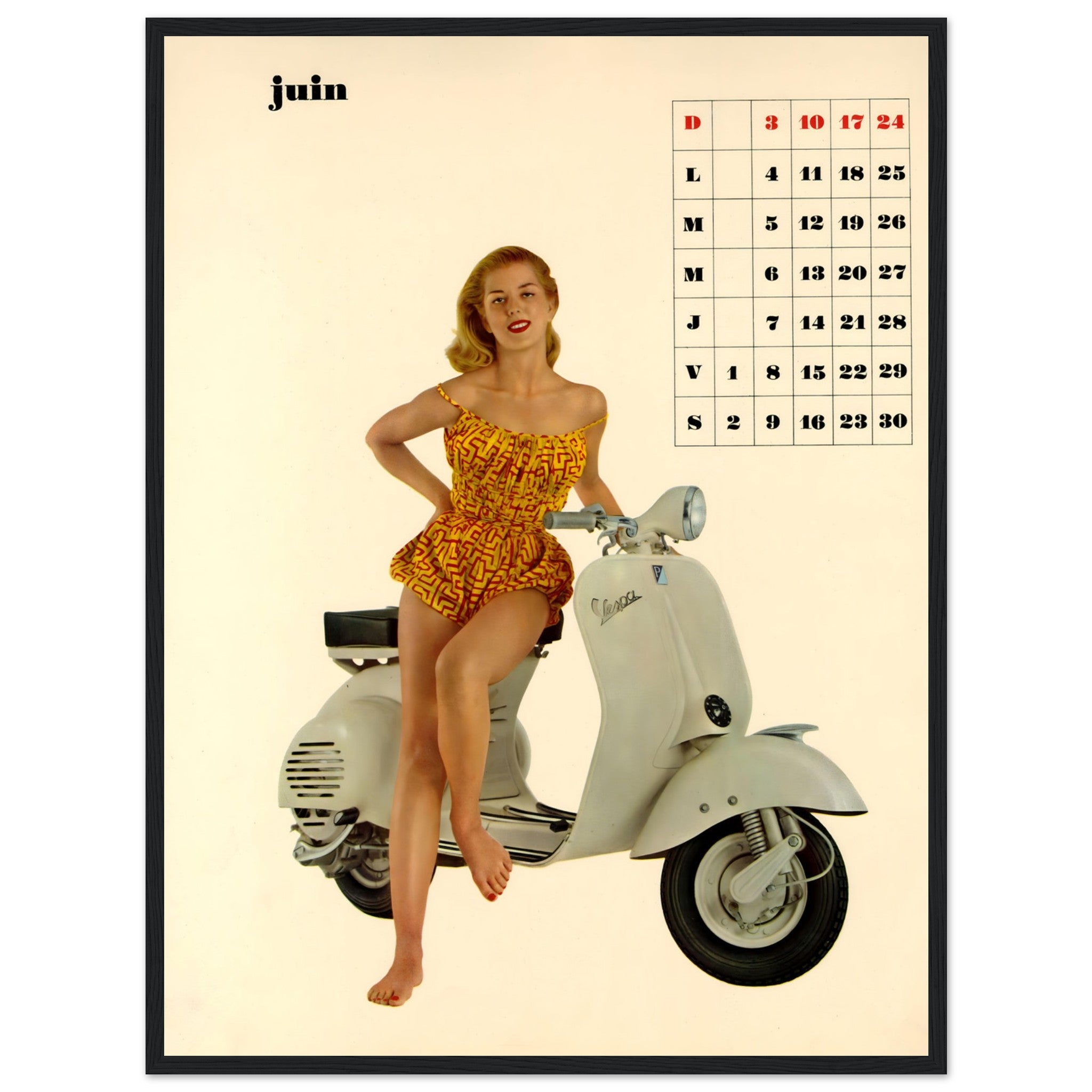Celebrate summer with the Vespa June Calendar Poster! A stylish retro Italian scooter art piece perfect for any vintage décor. Shop now for a timeless collectible.