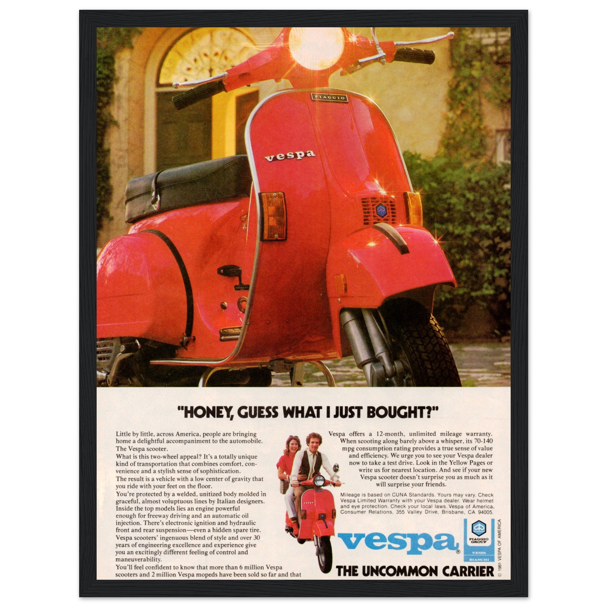 Timeless Vintage Vespa advertising poster featuring classic Italian design. Perfect for collectors, retro scooter fans & lovers of Vespa’s iconic style. Shop now!