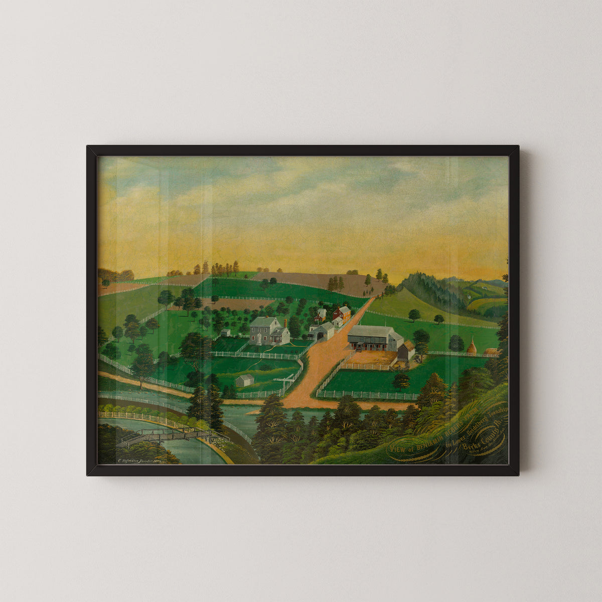 View of Benjamin Reber's Farm by Charles C. Hofmann art print in a black frame, showing Pennsylvania farm landscape